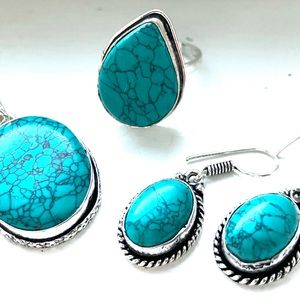 Turquoise Stone Trio Set Silver Plated Oval ring earrings pendant size 8